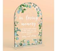 Acrylic Wedding Signs, In Loving Memory Signs for Marriage Reception, Bridal Shower Decorations, Modern Arched Round Top Acrylic Table Top Sign with Holder for Wedding Party (Clear Eucalyptus Leaves)