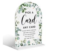 Acrylic Wedding Signs, Pick A Card Signs for Marriage Reception, Bridal Shower Decorations, Modern Arched Round Top Acrylic Table Top Sign with Holder for Wedding Party (White Eucalyptus Leaves)