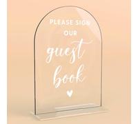 Acrylic Wedding Signs, Please Sign Our Guestbook Signs for Marriage Reception, Bridal Shower Decorations, Modern Arched Round Top Acrylic Table Top Sign with Holder for Wedding Party Dinner (Clear)