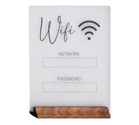Acrylic WiFi Sign - Wooden Base Display Board | Reusable Chalkable Network Name & Password Sign | Table Counter Desk Signs for Home, Office, Guest Room, Café, Retail, or Commercial Use