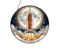 Acrylic Window Hanging, Lunar Mission II Planetary Rocket Sun Decor with Metal Frame, Wavy Stained Glass Effect Panel for Home Decor, Garden Windows and Door Decor, Space Enthusiast Gift
