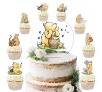Acrylic Winnie Pooh Party Decorations Set with the Cake Topper, Cupcake Toppers (48 Pcs) for Baby Shower, 1st Birthday - Classic Vintage Design
