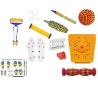 ACS MART Acupressure Manual Massager Tools Combo Kit with Foot Roller Wooden Mat Magneto-Therapy Handle Roller Advance for Finger Massage Shoe Sole 5 Massage Rings Sujok kit