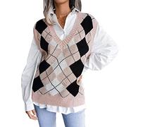 acsefire Women Preppy Argyle Plaid Knit Tank Top Casual V-Neck Sleeveless Kintted Jumper Sweater Vest Pink