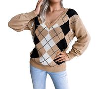 acsefire Women Preppy Argyle Plaid Sweater Casual Long Sleeve V-Neck Kintted Jumper Sweater Kintwear Khaki