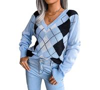 acsefire Women Preppy Argyle Plaid Sweater Casual Long Sleeve V-Neck Kintted Jumper Sweater Kintwear Blue