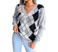 acsefire Women Preppy Argyle Plaid Sweater Casual Long Sleeve V-Neck Kintted Jumper Sweater Kintwear Grey