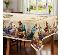 acsewater Easter Large Tablecloth Bunny Eggs 260 x 152 cm Rectangular Wipeable Floral Table Cover Easter Decorations