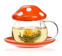 Acshio Mushroom Tea Cup, Cute Mushroom Cup with Tea Infuser, Heat Resistant Kawaii Glass Coffee Mug Teapot with Ceramic Coasters, Perfect for Mother's Day Birthday Gift, 11 Oz, Orange