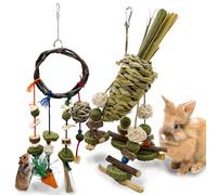 Acsist Rabbit Chew Toy, 2Pcs Bunny Cage Hanging Chew Toy & Treats,Natural Material Handwoven Chinchilla Rattan Ring Treats Toys for Guinea Pigs Hamsters Rats and Other Small Pets Teeth Grinding