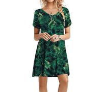 Actcat Women Dresses Summer Casual Tshirt Dress Women UK Short with Pockets Swing Dress with PocketsTunic Sundresses Women's Petite Dress Floral Green S
