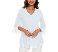 Actcat Women's mesh Blouse 3/4 Sleeve Floral Tunic Shirt Elegant Double-Layered V-Neck Tops mesh Loose Long Shirt White
