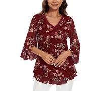 Actcat Women's mesh Blouse 3/4 Sleeve Floral Tunic Shirt Elegant Double-Layered V-Neck Tops mesh Loose Long Shirt