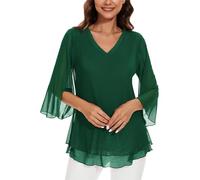 Actcat Women's mesh Blouse 3/4 Sleeve Floral Tunic Shirt Elegant Double-Layered V-Neck Tops mesh Loose Long Shirt Dark Green