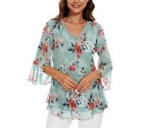 Actcat Women's mesh Blouse 3/4 Sleeve Floral Tunic Shirt Elegant Double-Layered V-Neck Tops mesh Loose Long Shirt