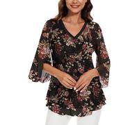 Actcat Women's mesh Blouse 3/4 Sleeve Floral Tunic Shirt Elegant Double-Layered V-Neck Tops mesh Loose Long Shirt