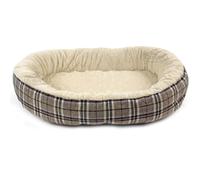 Actiaspet Small Dog Bed - Orthopaedic Fleece Lining, Jute Plaid Outer, Tan Fleece Inner, 40mm Massage Foam, Anti-Slip 61x46x11 cm | FED 21877