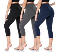 ACTINPUT Capri Leggings for Women High Waisted Tummy Control 3/4 Length Leggings Sports Workout Gym Running Yoga Pants(3pc Black/Navy Blue/Grey,S-M)