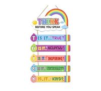 Action Reminder Wall Display, Wooden Thinking Question Board Set with Rope Link Panel, Bright Learning Space Accent Rainbow Cloud Board Positive Talk Prompt Classroom for Teacher Desk Entry Area