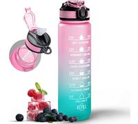 Active 100 Water Bottle 1000ml Sports Water Bottle with Motivational Time Marker & Straw, Dishwasher Safe Leak-proof Drink Bottle BPA Free Non-Toxic Tritan Material 1 Click Open for Running Gym