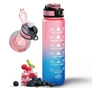 Active 100 Water Bottle 1000ml Sports Water Bottle with Motivational Time Marker & Straw, Dishwasher Safe Leak-proof Drink Bottle BPA Free Non-Toxic Tritan Material 1 Click Open for Running Gym