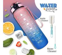 Active 100 Water Bottle 1000ml Sports Water Bottle with Motivational Time Marker & Straw, Dishwasher Safe Leak-proof Drink Bottle BPA Free Non-Toxic Tritan Material 1 Click Open for Running Gym