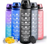 Active 100 Water Bottle 1L Sports Water Bottle with Motivational Time Marker, Dishwasher Safe Leak-proof Drink Bottle BPA Free Non-Toxic for Running,cycling, Gym, School & Office (Black)