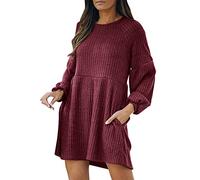 Active Dress Ladies Round Neck Long Sleeve Dress Solid Color Knit Pocket Casual Dress Dresses for Women Business Casual Red