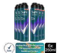 Sure Men Nonstop Protection Active Dry Deodorant Body Spray Antiperspirant withan energising scent & body heat activated technology for 72 hour odour and sweat protection 250 ml, Pack of 6