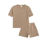 Active Kids Athletic Short Sets 2 Piece Tracksui for Boys and Girls Short Sleeve T-Shirt with Comfort Shorts Baby to Tween Sportswear (Khaki, 4-5 Years)