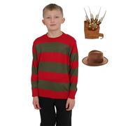 Active Star Kids Freddy Krueger Costume, Boys Girls Red & Green Striped Knitted Jumper with Hat & Glove, Halloween Horror Outfit, Cosplay, Nightmare on Elm Street Accessories, 7-8 Years