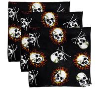 Active Star Skull Print Bandana Head Scarf, Unisex Neckerchief Novelty Pirate Skulls & Bone Printed Hair Bands Neck Wrist Wrap Fashion Accessory For Outdoor Activities, Flame Skull Crossbone - 03 Pcs