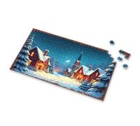 Activity Books For Kids Ages 6-8 Snowy Winter Village With Warmly Lit Houses Under A Crescent Moon Picture Puzzle Jigsaw Toys For Boys 6-8(1000PCS)