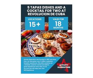 Activity Superstore 5 Tapas Dishes and a Cocktail for Two at Revolucion de Cuba, Available at 15+ UK Locations, 18-month Validity, Experience Days, Dining Gifts, Birthday Ideas