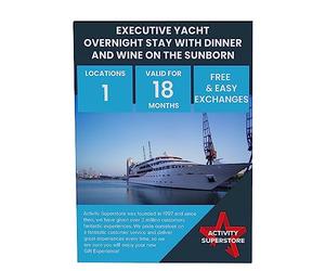 Activity Superstore Executive Yacht Overnight Stay with Dinner and Wine on the Sunborn, 18-month Validity, Experience Days, Dinner for two, London Getaway, Retirement Gift
