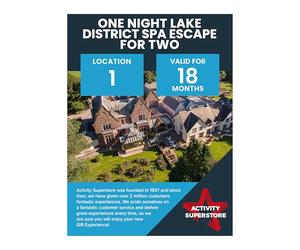 Activity Superstore One Night Lake District Spa Escape for Two, 18-month Validity, Experience Days, Spa Gifts, Couples Gifts, Retirement Gifts, Birthday Gifts