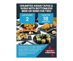 Activity Superstore Unlimited Asian Tapas & Sushi with Bottomless Beer or Wine for Two, 18-month Validity, Experience Days, Days Out, London Days Out, Birthday Gifts