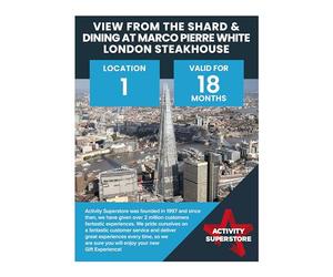 Activity Superstore View from The Shard & Dining at Marco Pierre White London Steakhouse, 18-month Validity, Experience Days, Dinner for two, London Getaway