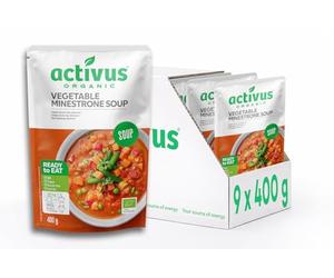 Activus Organic Minestrone Vegetable Soup Pouches 400g x 9 Pack, Ready Meals, Microwavable, Heat & Serve - Italian Style, Vegan, Dairy Free, Low Fat, Plant Based, Bulk Buy, Quick Lunch Or Dinner