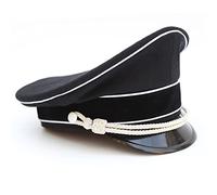 ACTJ.M WWII WW2 German Officer Hat Crusher Cap with Silver Chin Cord Wool, Black, 7.625