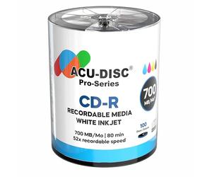 ACU-DISC Pro-Series CD-R 52x Speed 700MB 80 Minute Full Face Brilliant White Inkjet Printable Blank Discs 17639 - 100 Pack Shrink Wrap
