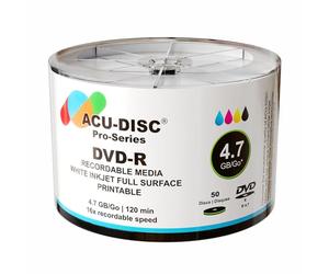 ACU-DISC Pro-Series DVD-R Blank 16x 4.7GB 120 Mins Full Face Brilliant White Inkjet Printable Blank Discs 13686 - 50 Pack