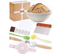 Acual 9 Pcs Sourdough Starter Kit Bread Proofing Basket, 9" Banneton Basket with Liner, ough Whisk & Scrapers for Beginner Bakers, Natural Rattan Bread Making Accessories