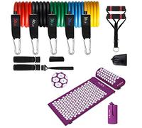 Acupressure Mat Pillow Set & Travel Bag Resistance Bands Muscle Back Neck Shoulders Legs Chest Pain Stress Tension Relief Acupuncture (Purple & White)
