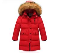 Acuryx Kids Girls Boys Winter Quilted Jackets with Faux Fur Hooded Toddler Children Winter Warm Puffer Padded Down Jacket Long Overcoat Outerwear Red 10-11 Years Old