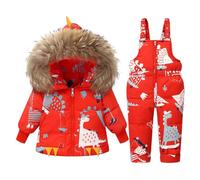 Acuryx Toddler Boys Girls Snowsuit 2 Pieces Winter Dinosaur Print Zipper Hooded Puffer Jacket and Snow Overalls Set Red 5-6 Years Old