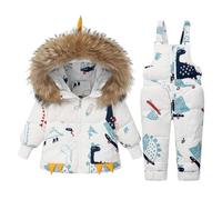 Acuryx Toddler Boys Girls Snowsuit 2 Pieces Winter Dinosaur Print Zipper Hooded Puffer Jacket and Snow Overalls Set White 2-3 Years Old
