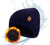 ACUSHLA Waterproof Windproof Cuff Beanie - Thick Fleece Lined Knit Winter Hat for Men & Women Warm Watch Cap for Cold Weather, Navy Blue, One Size