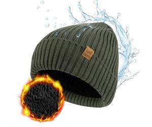 ACUSHLA Waterproof Windproof Cuff Beanie Winter Hat Stretchy Soft Cuffed Wooly Beanie with Thermal Thick Fleece Lining, Gifts for Men/Women/Her/Him/Dad, Green