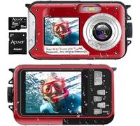 Acuvar Full HD 1080P Digital Camera 48MP Waterproof Dual Screen Underwater Photo Video Recording Selfie Camera with LED Flash Light for Adults and Kids + 32GB SD Card (Red)